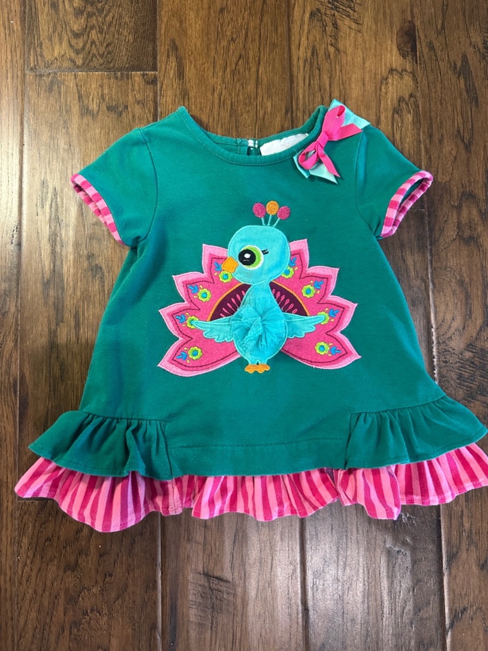Rare Editions Teal & Pink Peacock Appliqué Ruffle Dress